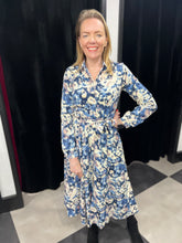 Load image into Gallery viewer, Blue Floral Print Midi Shirt Dress