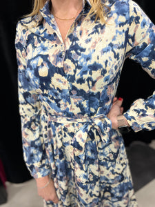 Blue Floral Print Midi Shirt Dress