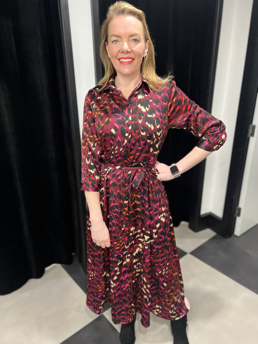 Multi Abstract Leopard Maxi Shirt Dress (Burgundy)