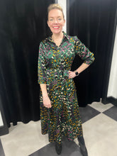 Load image into Gallery viewer, Multi Abstract Leopard Maxi Shirt Dress (Bottle Green)