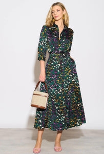 Multi Abstract Leopard Maxi Shirt Dress (Bottle Green)